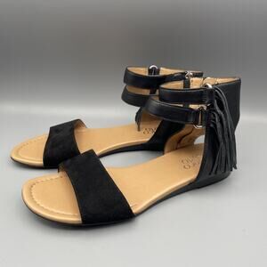 Franco Sarto Sandals Size 8 Black Leather Gladiator Fringed Ankle Strap Open Toe